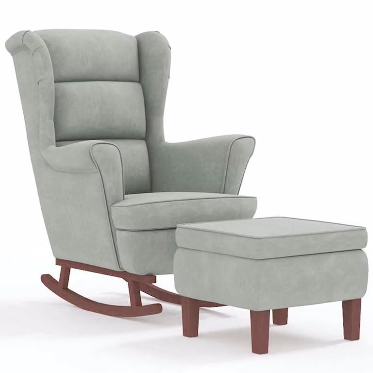 Mecedora con respaldo alto de terciopelo gris y estructura de madera maciza de vidaXL con otomana incluida
