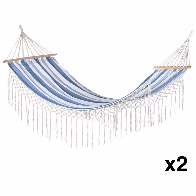 Conjunto de 2 hamacas NIYLO de algodón con diseño de rayas azules para exterior, An/P/Al: 200 x 100 x 5 cm