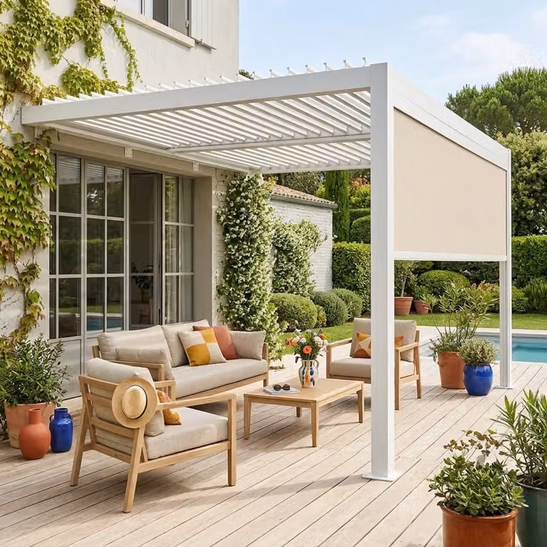 Pérgola bioclimática adosada SWEEEK de aluminio y acero en color blanco con toldo, An/P/Al: 388 x 292 x 224 cm