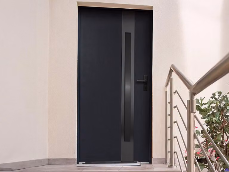 Puerta de entrada moderna VENTE-UNIQUE de acero macizo y acero inoxidable con vidrio ahumado, color negro y antracita, apertura izquierda, An: 99 cm, Al: 206,5 cm