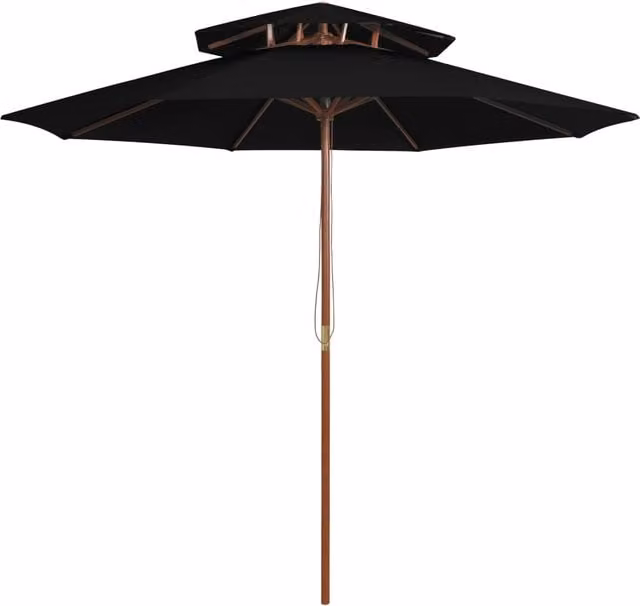 Sombrilla de dos niveles SYFAX con palo de madera y tela de poliéster en color negro, 270 cm