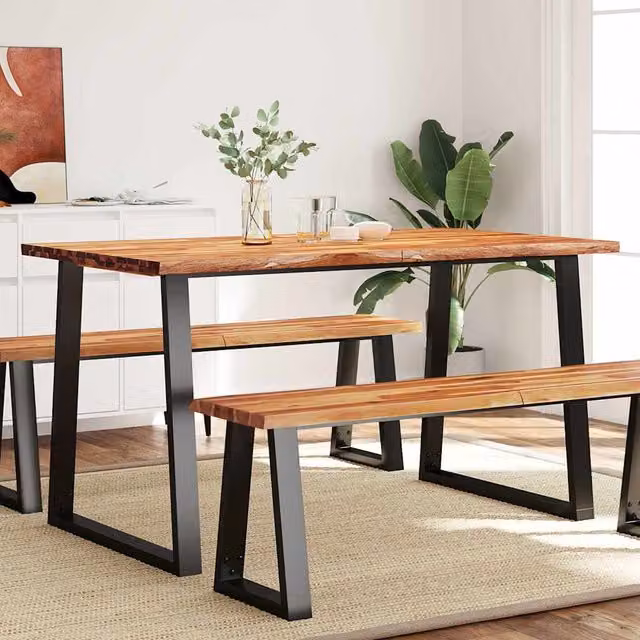 Mesa de comedor vidaXL de madera maciza de acacia con borde vivo y base de metal, color marrón, An/P/Al: 140 x 80 x 75 cm