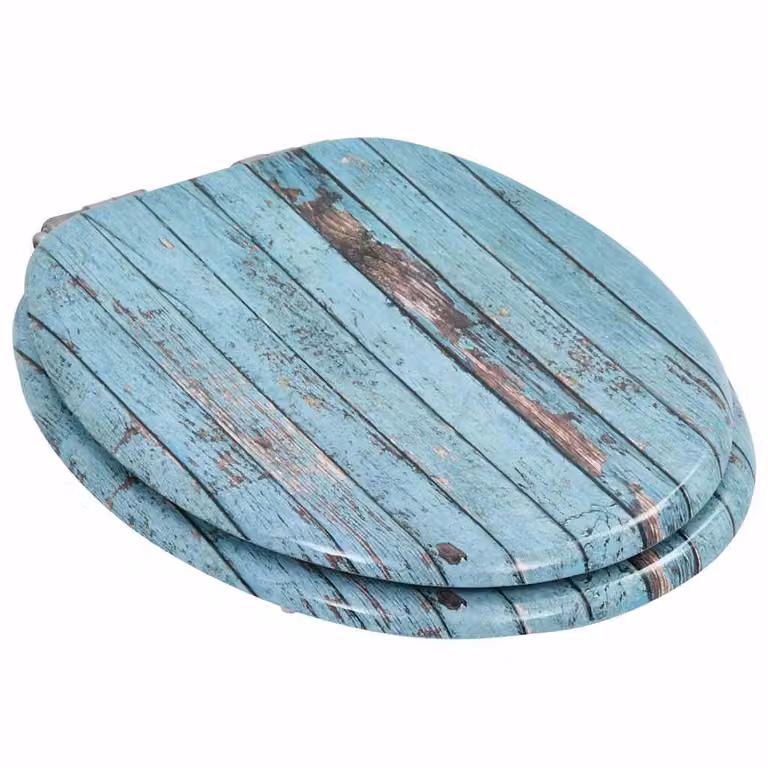 Asiento de WC ovalado vidaXL con tapa de cierre suave en MDF y diseño de madera envejecida color marrón y turquesa