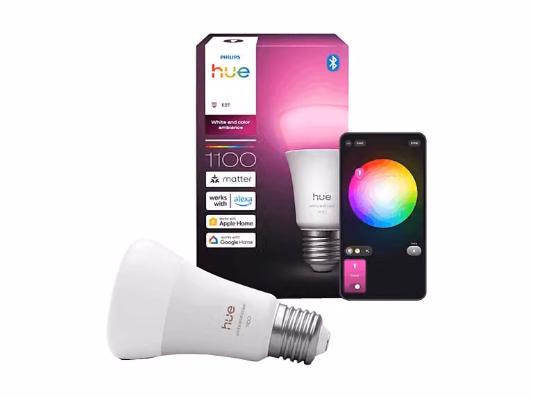 Bombilla inteligente Philips Hue White and Color Ambiance LED E27 8W RGBW regulable compatible con Alexa, Google Assistant y Apple HomeKit, Blanco