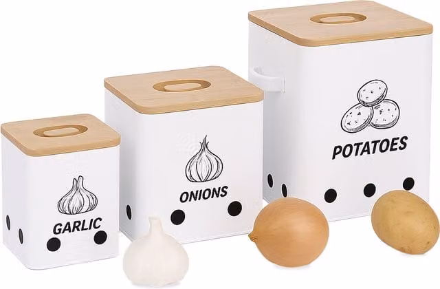 Set de 3 cajas de almacenamiento de metal para patatas, cebollas y ajos con tapa de bambú y orificios, color blanco/natural, relaxdays