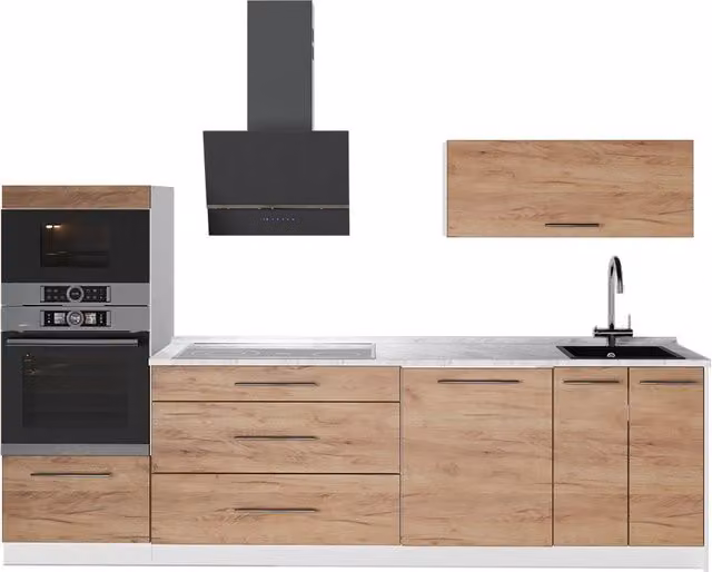 Mueble de cocina Vicco Fame-Line en roble dorado con acabado mate y puertas con cierre suave, An: 280 cm, Al: 60 cm, P: 158,8 cm