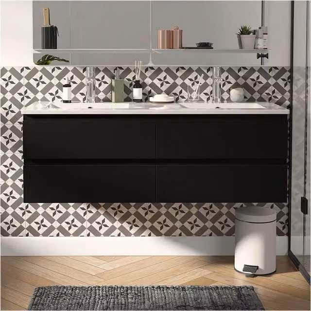 Mueble de baño Sorrento con lavabo y espejo en color roble y acabado mate, diseño moderno suspendido con cajones y puertas de cierre suave, An/P/Al: 120 x 45 x 43,5 cm