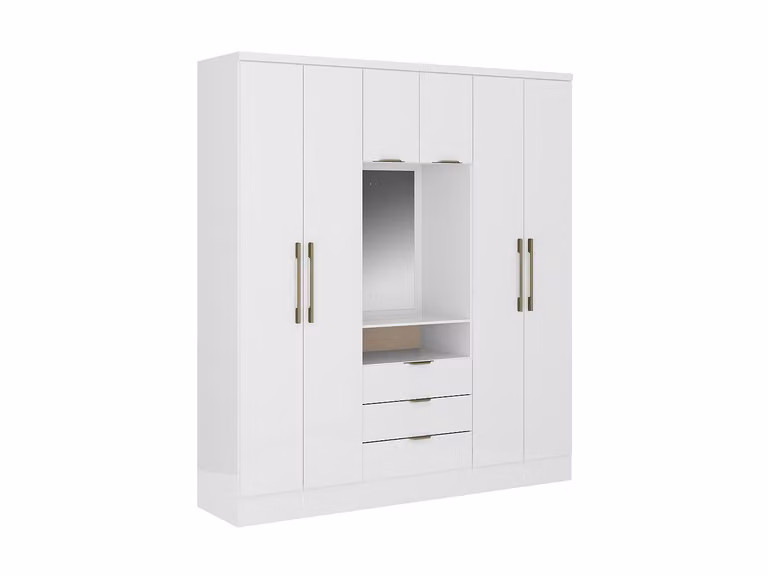 Armario ELORIO de 6 puertas batientes y 3 cajones con espejo en color blanco para dormitorio, An: 180 cm, P: 46,5 cm, Al: 206 cm