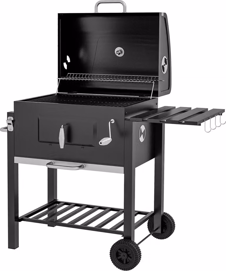Carro para barbacoa de carbón Northio en acero inoxidable negro y plata con ruedas, rejilla de calentamiento y termómetro, An/P/Al: 113 x 65 x 108 cm