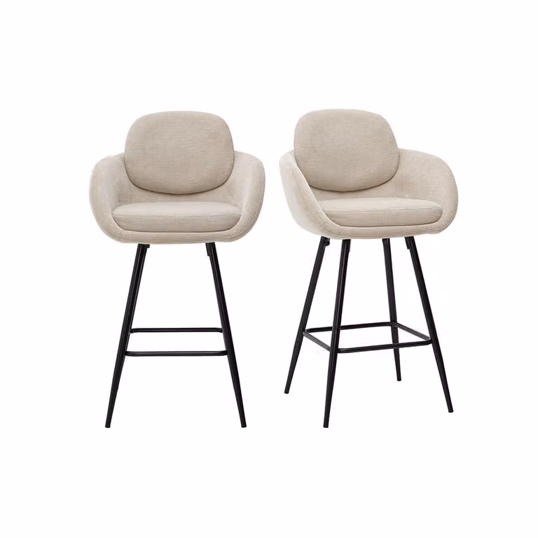 Set de 2 taburetes de bar SLAKE con tejido de chenilla beige y estructura de metal negro, Altura: 68.5 cm