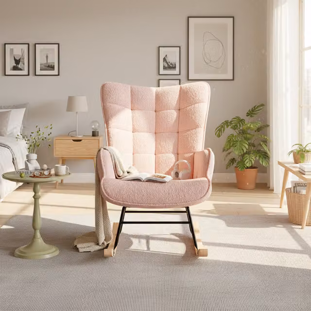 Sillón Mecedora NAHILIMI Tapizado en Tejido Borreguito con Respaldo Alto Acolchado y Patas de Efecto Madera, Rosa, An/P/Al: 75 x 68 x 92 cm