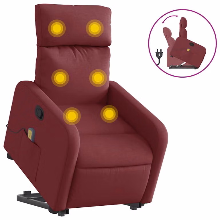 Sillón reclinable de masaje elevable vidaXL en tela color rojo tinto con reposabrazos y diseño moderno para mayores