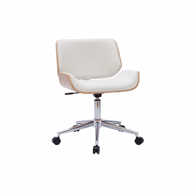 Silla de oficina con ruedas Miliboo RUBBENS en color blanco y madera de eucalipto, con altura regulable y diseño moderno