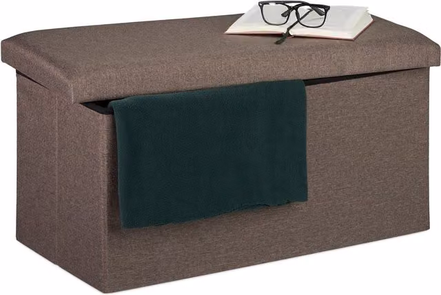 Banco arcón de almacenaje Relaxdays con asiento acolchado efecto lino, gris, An/P/Al: 76,5 x 38 x 38,5 cm