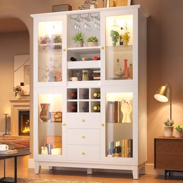 Vinoteca MODFU de color blanco con iluminación LED RGB, puertas de cristal, botellero y 3 cajones, An/P/Al: 120 x 40 x 180,5 cm
