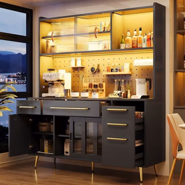 Aparador de cocina alto MODENVIE con iluminación LED, puertas correderas, estantes internos y 2 cajones en MDF, metal y vidrio, color negro, An/P/Al: 145 x 39 x 171 cm