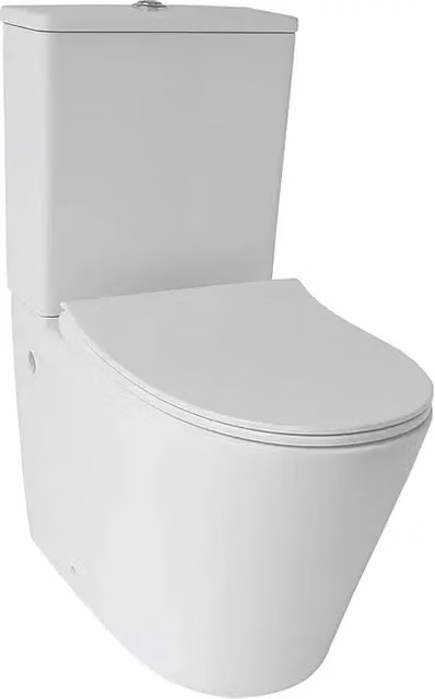 Pack de WC Bali Camargue de cerámica blanca con sistema rimless, cierre suave y salida dual para instalación de pie