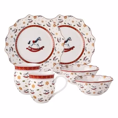 Set de desayuno Toy's Delight de Villeroy & Boch para 2 personas, vajilla de porcelana de 6 piezas en multicolor y blanco con diseño de caballito balancín