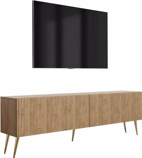 Mueble de TV 3XE LIVING con frentes ranurados en roble y patas inclinadas doradas, An: 170 cm, Al: 32 cm, P: 52 cm