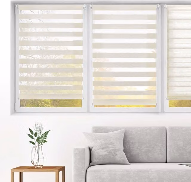 Estor noche y día Blindecor con sistema de sujeción sin taladrar, diseño de rayas en colores beige y gris, An/Al: 60 x 130 cm
