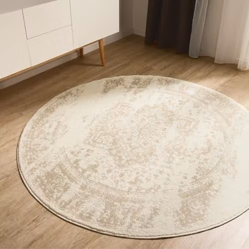 Alfombra Benuta Basic Suki de estilo vintage oriental en color beige y crema, forma redonda, Diámetro: 160 cm