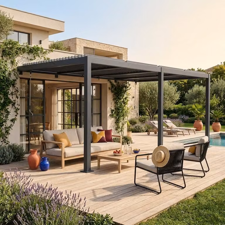 Pérgola bioclimática adosada Sweeek de aluminio con lamas orientables, color Antracita, An/P: 5 x 3 m
