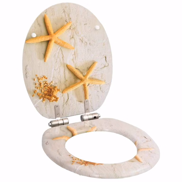 Set de 2 asientos de inodoro con tapa de cierre suave vidaXL en MDF color beige y diseño de estrella de mar con forma ovalada