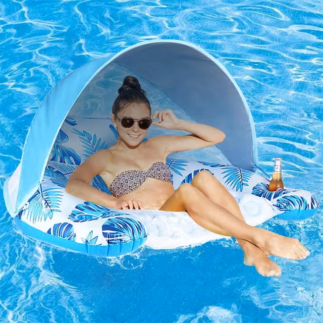 Hamaca inflable flotante para piscina con portavasos CYSLMUK en color azul de PVC