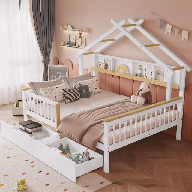 Cama infantil tipo cabaña HAUSS SPOLE de madera de pino y MDF en blanco y natural con 2 cajones y barandilla de seguridad An/P/Al: 140 x 200 x 146,5 cm
