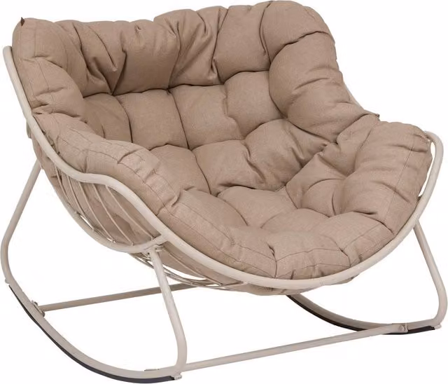 Mecedora de huevo Paopao de Hespéride con cojines beige y estructura de acero resistente a los rayos UV