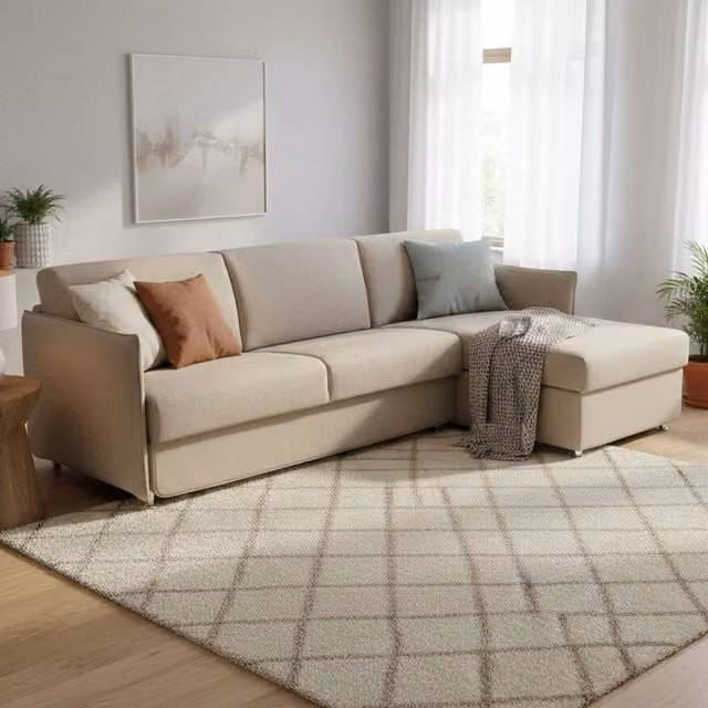 Sofá cama con chaise longue Sumirago, diseño moderno en forma de L con fundas removibles e impermeable, color gris topo, An/P/Al: 260 x 160 cm
