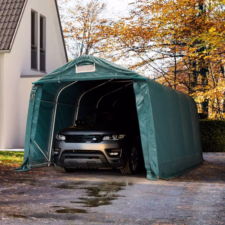 Carport TOOLPORT impermeable de PVC y acero galvanizado con ventanas y base para suelo blando, verde, An/P/Al: 3,3 x 4,8 x 3,3 m