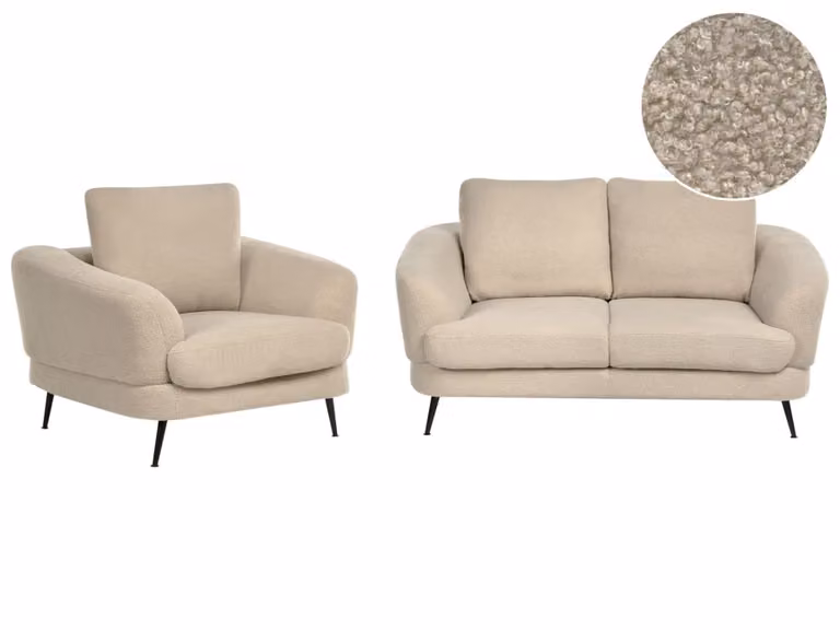 Conjunto de sofás Beliani de diseño moderno con tapizado de tejido boucle beige, incluye sofá de 2 plazas, sillón y cojines para tu salón con estructura de hierro