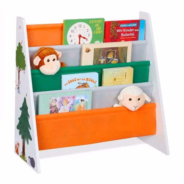 Estantería infantil para libros Relaxdays con 4 compartimentos de tela y motivo de animales, multicolor, An/P/Al: 60 x 28 x 62,5 cm