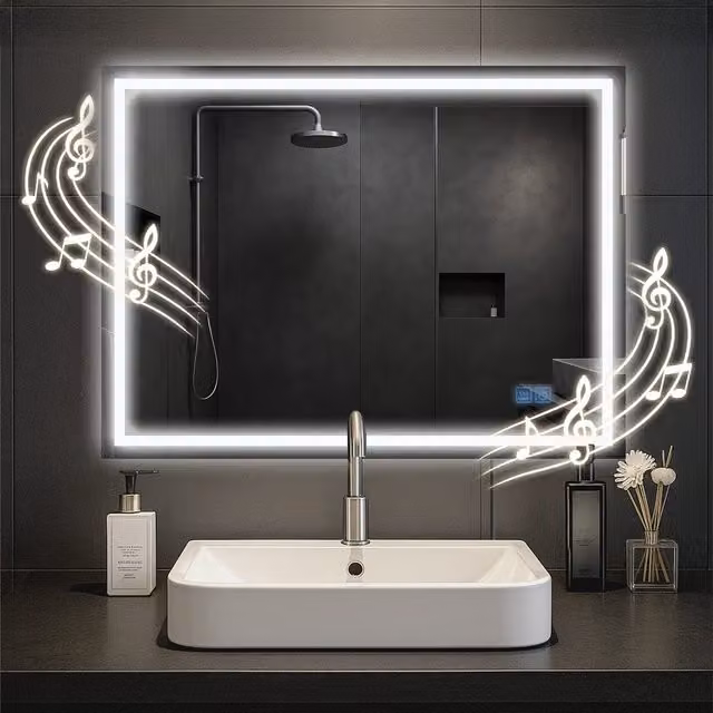 Espejo de baño rectangular blanco con iluminación LED regulable a 360 grados, conexión Bluetooth y función antivaho, An/Al: 80 x 60 cm