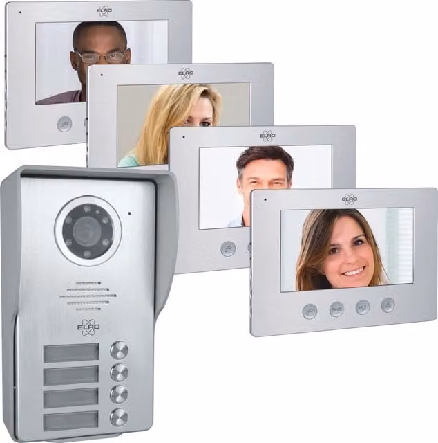 Kit videocitofono Elro dv4000-4 para 4 apartamentos con cámara 1080p Full HD visión nocturna y 16 timbres en color plata de aluminio