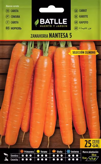 Semillas de zanahoria Nantesa Batlle para huerto, variedad naranja, pack de 3 bolsitas de 3 g cada una