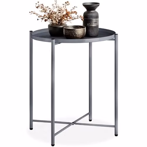 Mesa auxiliar redonda TecTake de metal en color gris para salón o dormitorio, An/P/Al: 45,5 x 45,5 x 53 cm