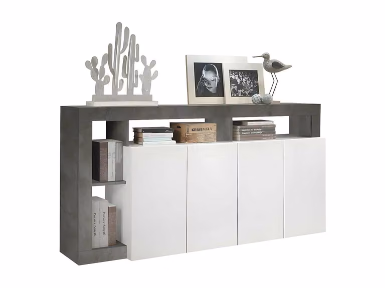 Aparador SEFRO de Vente-Unique con 4 puertas y 4 estantes en blanco lacado y gris cemento An/P/Al: 161 x 42 x 93 cm