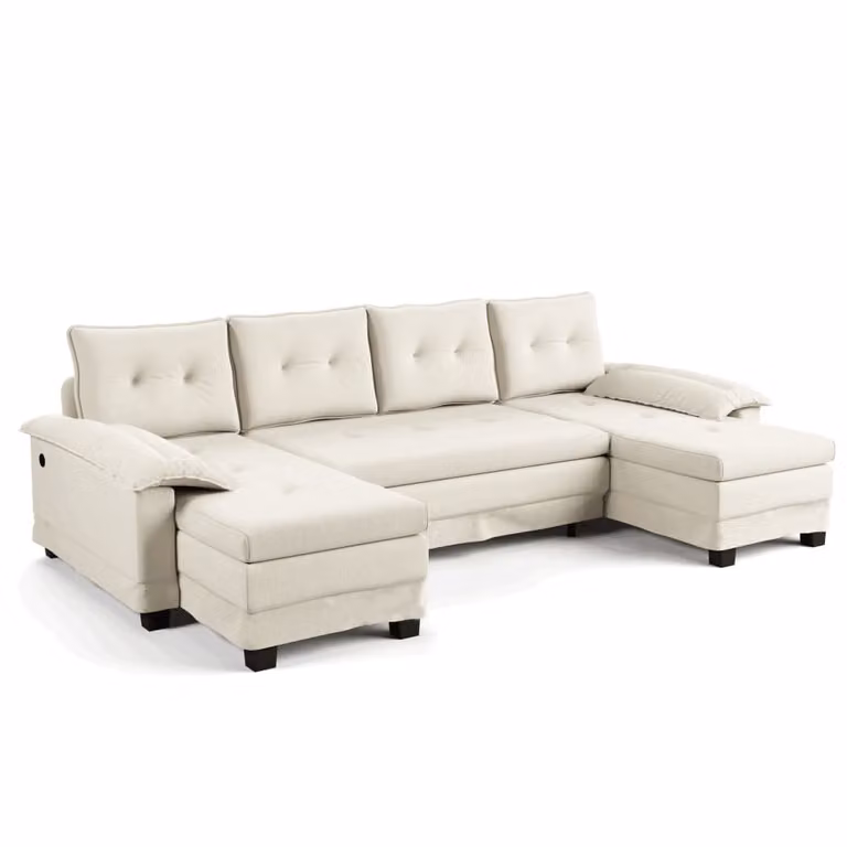 Sofá cama esquinero modular convertible Meubles Cosy de 4 plazas en chenilla beige con diseño escandinavo y carga USB, An/P/Al: 278 x 127 x 87 cm