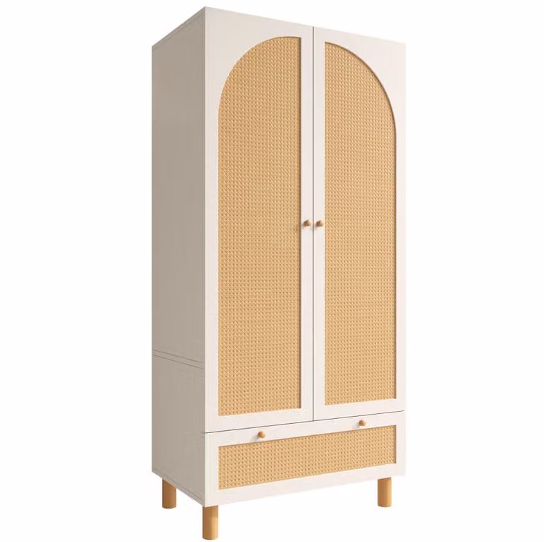 Armario MODFU de 2 puertas y cajón con detalles de ratán en color blanco, An/P/Al: 85.5 x 52 x 180.5 cm