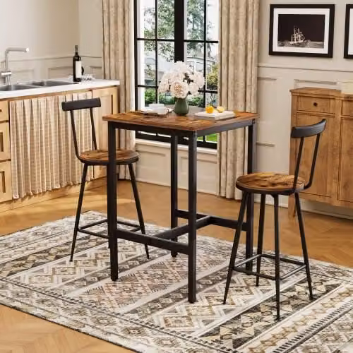 Conjunto de mesa de bar y 2 taburetes OKWISH de estilo industrial con estructura de metal y tablero de madera, An/P/Al: 60 x 60 x 92 cm, marrón y negro