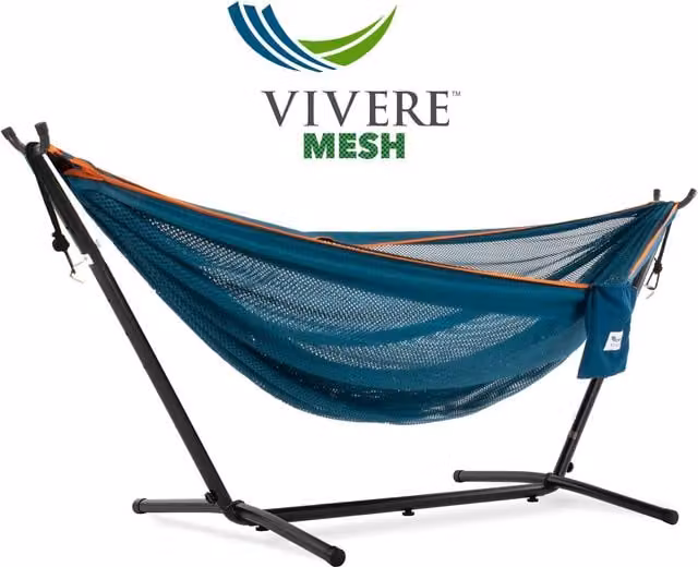 Hamaca de malla con soporte Vivere en azul y naranja para jardín o terraza