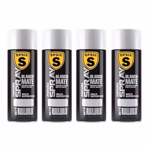 Pack de 4 unidades de Pintura Spray SPSIL Blanco Mate de 200 ml con secado rápido para metal, madera y plástico
