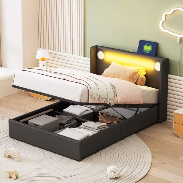 Cama Acolchada Infantil GUTENT con LED, Bluetooth, USB y Almacenaje con Base Elevable en Piel Sintética, An/P/Al: 90 x 200 x 104 cm