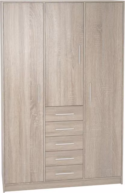 Armario Ropero Meka Block con 3 Puertas Abatibles y 5 Cajones en Color Roble, An/P/Al: 130 x 50 x 200 cm