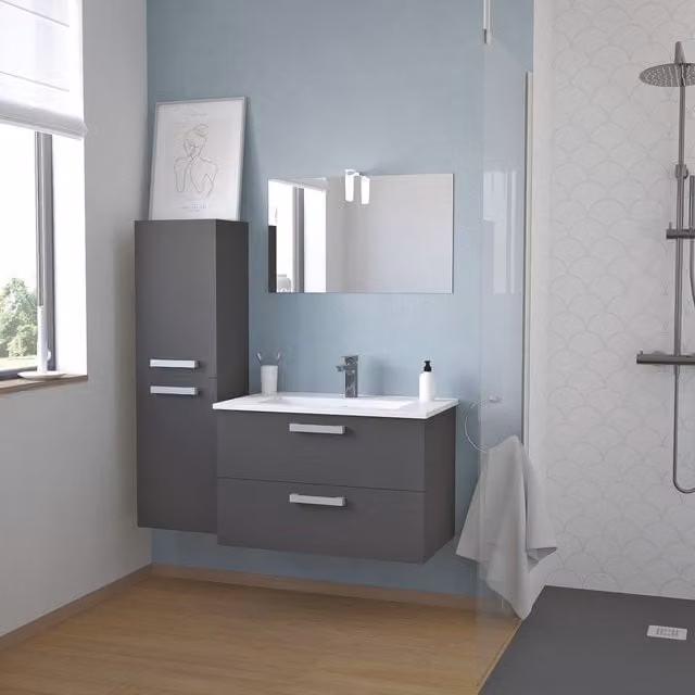 Mueble de baño suspendido ONDÉE Smart con iluminación LED y cerámica en color gris