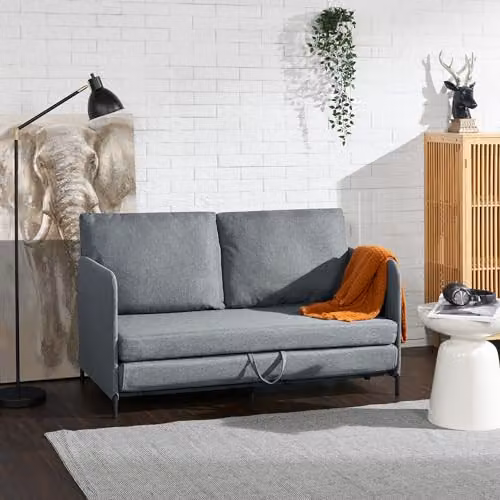 Sofá cama 2 en 1 en.casa de 2 plazas con reposabrazos y 2 cojines, diseño plegable en gris oscuro, estructura de metal y tapizado textil con espuma. An/P/Al: 125 x 78 x 67 cm