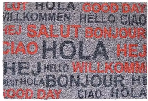 Felpudo de coco EHL con diseño gráfico de saludos en multicolor y gris, An/P: 60 x 40 cm