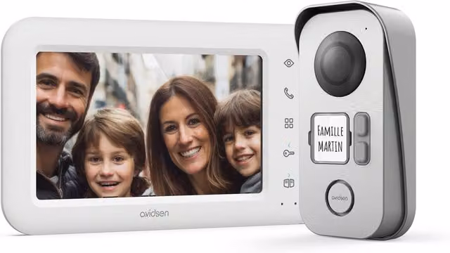 Videoportero con cable Avidsen Elia para 2 familias con pantalla táctil a color de 7 pulgadas, visión nocturna y control doble en color blanco